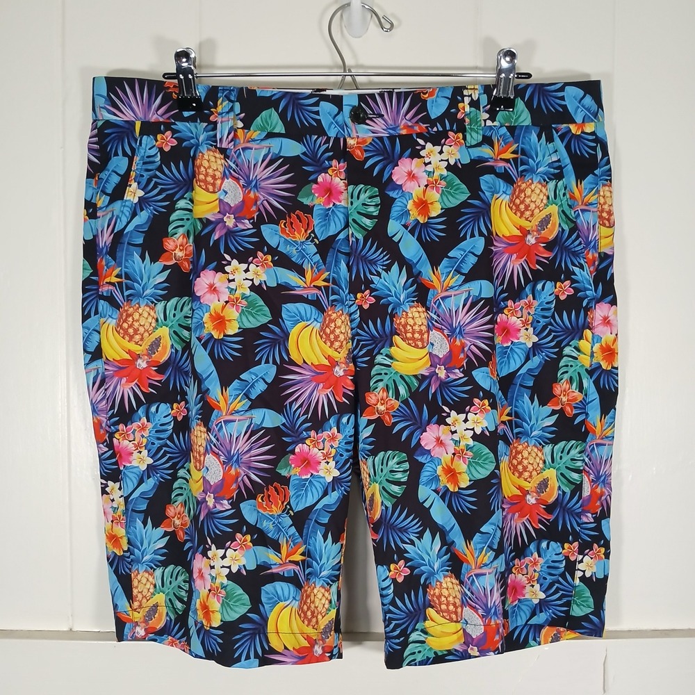 Hreski Tropical Fruit Print Shorts Mens 36‎ Black Pineapple Banana Hibiscus